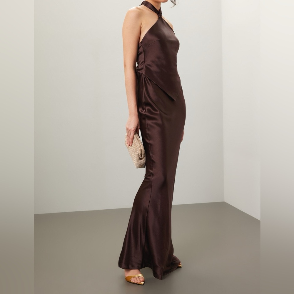 Retrofête Ester Dress in Brown Satin, XL